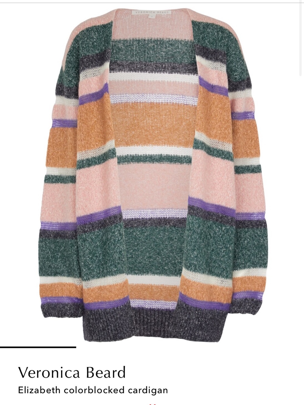 Veronica Beard Colorblock Open-Front Cardigan in Pink, Green, Tan, Purple, Gray